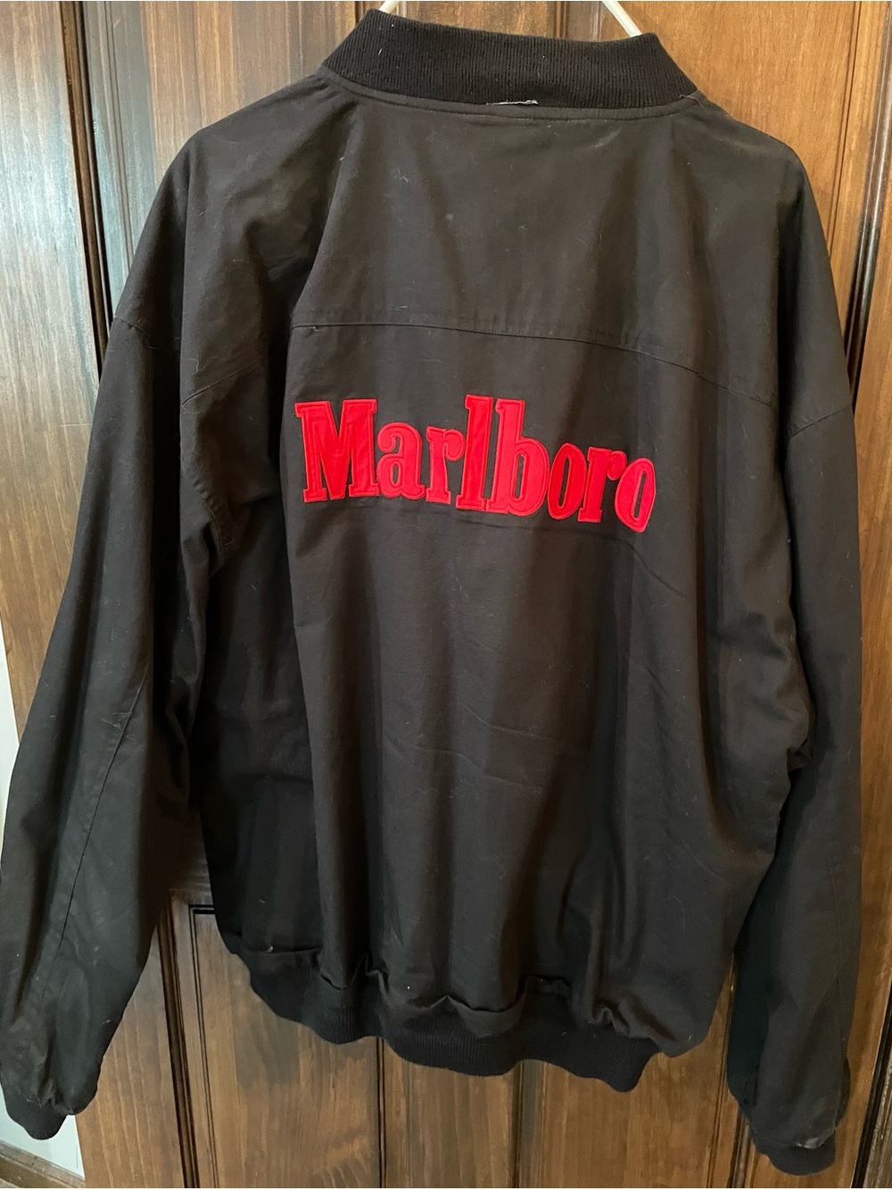 Men’s Vintage XL Marlboro Black Bomber Jacket with Red Logo Embroidery